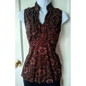 Cato Women’s NWOT Chocolate Brown Lace V-Neck Top w High Collar & Ruffle Detail